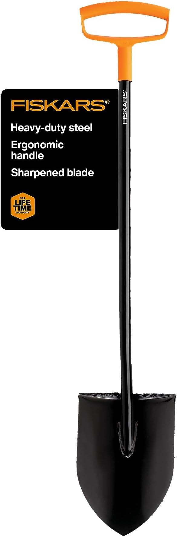 Fiskars D-Handle Digging Shovel - Heavy Duty Gardening Tool with 46" Straight D-Handle - Lawn and Yard Tools - Black/Orange