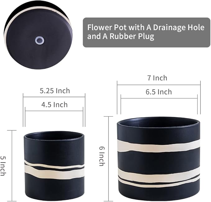 Nihow Modern Ceramic Plant Pot - 5 + 7 Inch Flower Pot for All Indoor Plants - Sturdy Planter Pots with Drainage Hole & Rubber Plugs - Semi-Matte Black & Nature - Plants Not Included