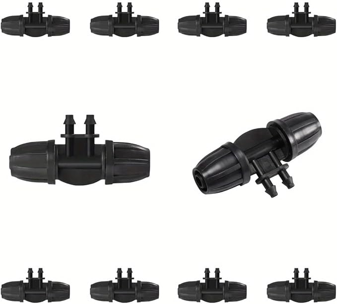 10PCS 5/16 Inch Irrigation Fittings Lock Reduced 4 Way Connectors For (5/16" ID X0.43-0.47" OD) To 1/4" Drip Tubing Barbed Barbed Reducer Tee (BLACK)