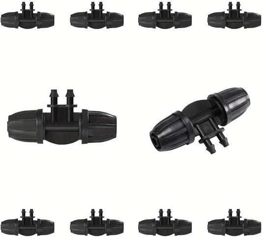 10PCS 5/16 Inch Irrigation Fittings Lock Reduced 4 Way Connectors For (5/16" ID X0.43-0.47" OD) To 1/4" Drip Tubing Barbed Barbed Reducer Tee (BLACK)