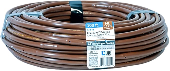 DIG ML-112B ¼” 100’ MICROLINE™ Dripline, 12” Dual Outlet Emitter Spacing, UV-Resistant Tubing for Efficient Irrigation | Ideal for Raised Beds | Flexible, Durable, Easy Installation (Brown)