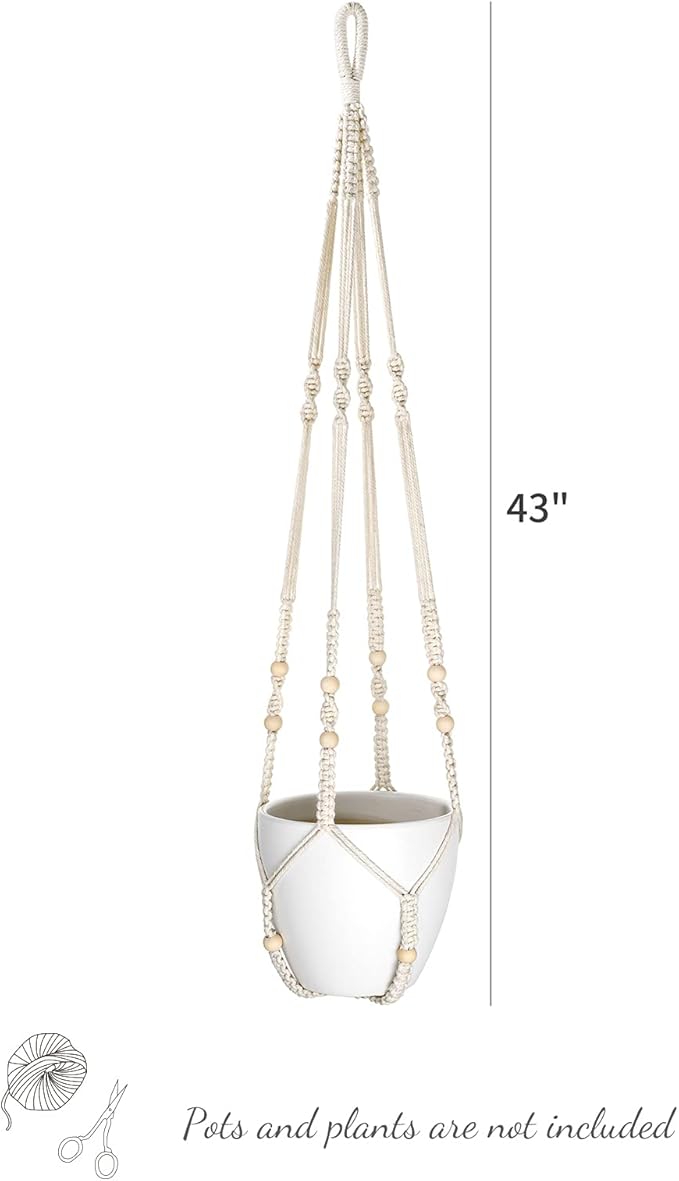Mkono 43 Inch Macrame Plant Hanger Large for up to 12 Inch Pot Extra Long Hanging Plant Holder No Tassels Hanging Planter Basket with Wood Beads for Indoor Outdoor Boho Home Decor, Ivory