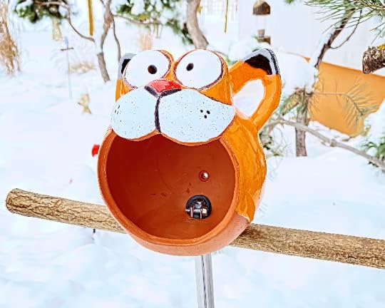 Ceramic Garden Decor - Cat Lawn Stake - Bird Feeder - Outdoor Statue - Perfect, Unique Gifts for Gardeners Woman, Men - Handmade, Frostproof