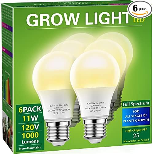 Briignite Grow Light Bulbs, LED Grow Light Bulb A19 Bulb, Full Spectrum Grow Light Bulb, Plant Light Bulbs E26 Base, 11W Grow Bulb 100W Equivalent, Grow Light for Indoor Plants, Seed Starting, 6 Pack