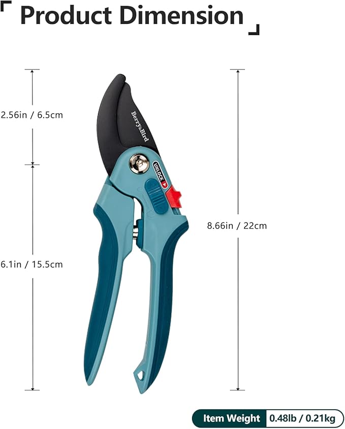 Berry&Bird Garden Pruning Shears, 8.7" Bypass Hand Pruner Shears, Adjustable Size Scissors with SK5 High Carbon Steel Blades, Flower Clippers Secateurs with Safety Lock for Pruning Flowers, Branches