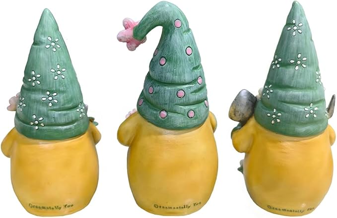 Garden Guardians Set of Three 6" Gardening Gnome Figurines, Floral Green and Yellow Statue Decor