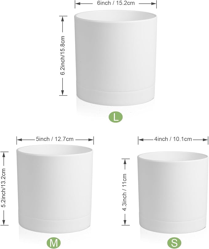 6/5/4 inch Flower Pots, Pack of 3 Cylinder Plant Pots for Small Indoor Outdoor Plants, Plastic Planters with Drainage Holes and Saucers for Garden Succulent Nursery House Plants, White