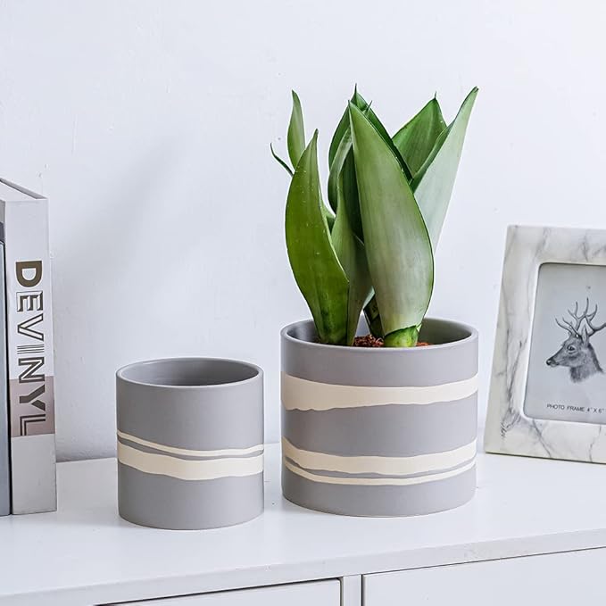 Nihow Modern Ceramic Plant Pot - 5 + 7 Inch Flower Pot for All Indoor Plants - Sturdy Planter Pots with Drainage Hole & Rubber Plugs - Semi-Matte Gray & Nature - Plants Not Included