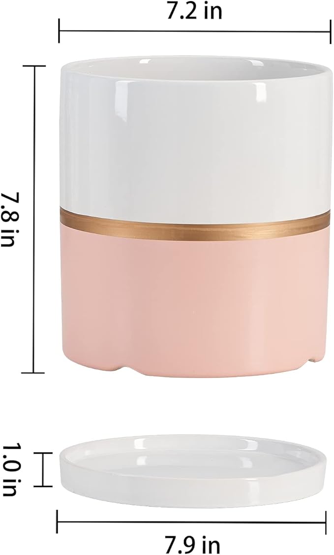 Ekirlin 8 inch Plant Pot - Ceramic Flower Planters Indoor - Modern Succulents Containers with Drain Hole Saucer, Decorate Home, Office & Outdoor (Pink)