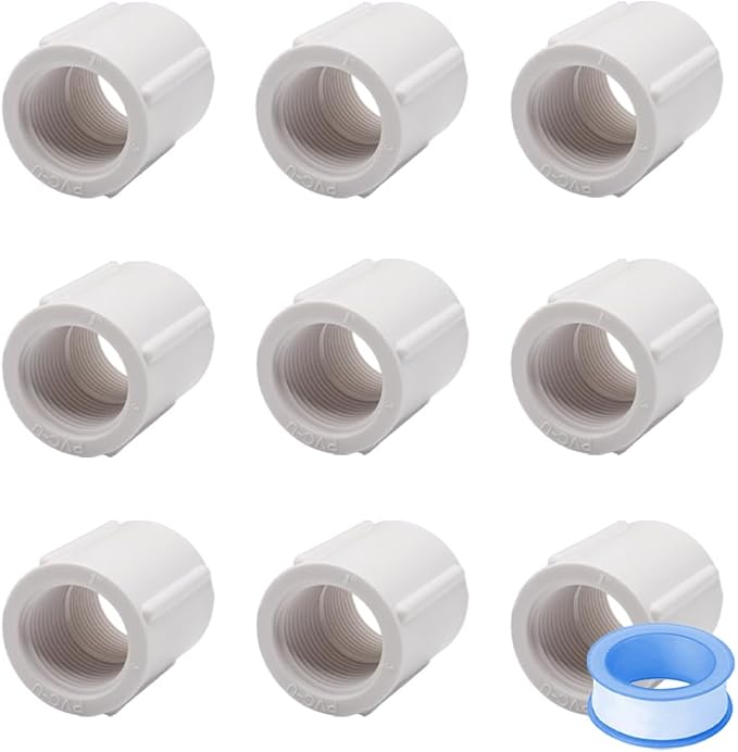 9PCS 1 Inch Double Female Threaded White PVC Adapter Fittings Female to Female Thread Coupling Pipe Fitting Connector for Garden Works HE025-1