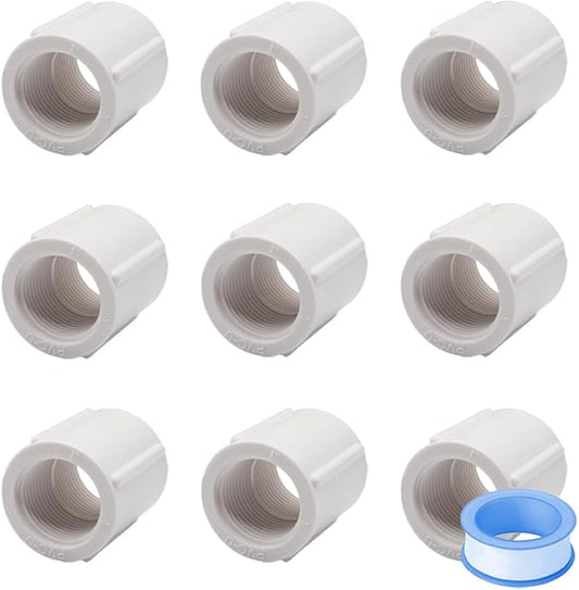9PCS 1 Inch Double Female Threaded White PVC Adapter Fittings Female to Female Thread Coupling Pipe Fitting Connector for Garden Works HE025-1