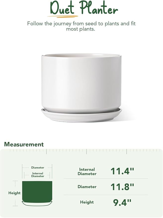 LE TAUCI 12 Inch Pots for Plants, Ceramic Pots for Indoor Plants, Plant Pots for Home & Office, Modern Flower Pots Fit Mid Century Plant Stand, Planters with Drainage Holes and Saucers, White