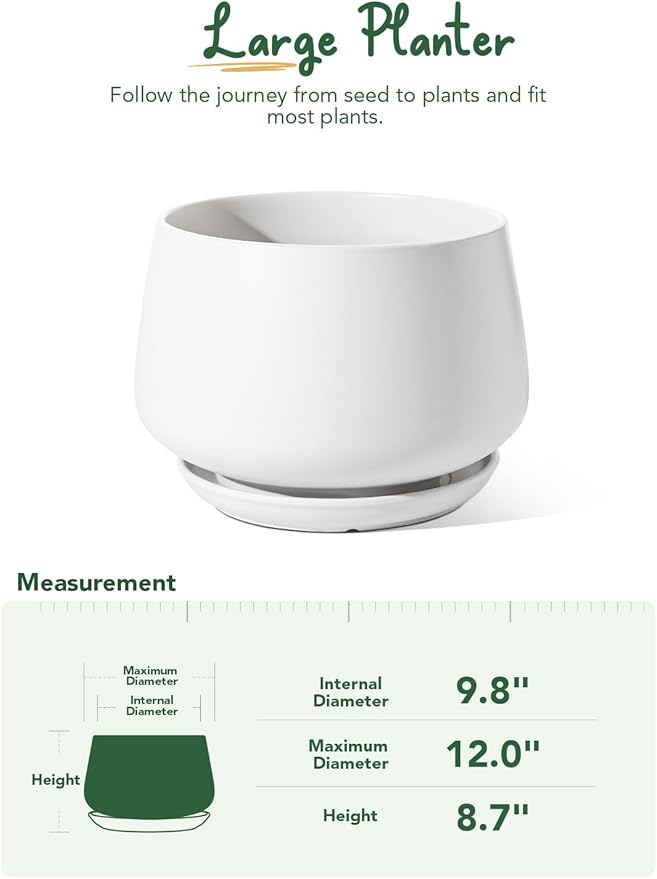 LE TAUCI Ceramic Planters, 12 Inch Pots for Plants, Indoor Plant Pots with Drainage Holes and Saucers, Modern Planters Fit Mid Century Plant Stand, Flower Pots for Indoor Plants, White