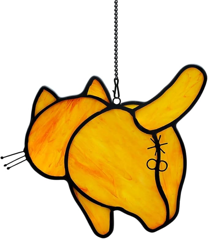 Orange Cat Decor Stained Glass Suncatcher for Window,Funny Cat Gifts for Cat Lovers Stained Glass Window Hanging,Cat Themed Gifts Cat Lovers Gifts for Women Girls Friends Mom
