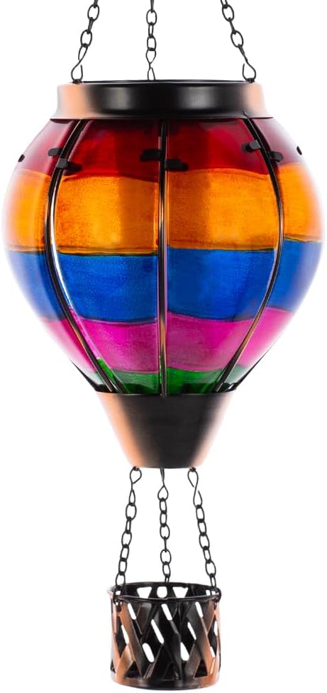 Unique Hot Air Balloon Solar Lantern with Flickering Flame, Handmade Glass Hanging Outdoor Lantern Waterproof Lantern Lamp for Patio, Garden, Porch