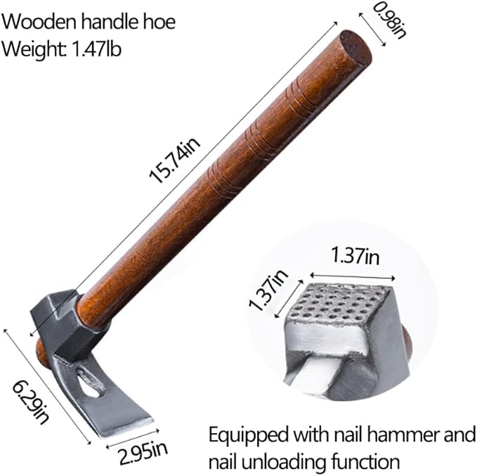 Garden Hoe Tool Small Action Hoe, Loosening Soil and Weeding,Knockable and Removable Nails,Hand Long Handle Weed Garden Tool,Digging and Rooting (6.29in×2.95in,1.80lb)