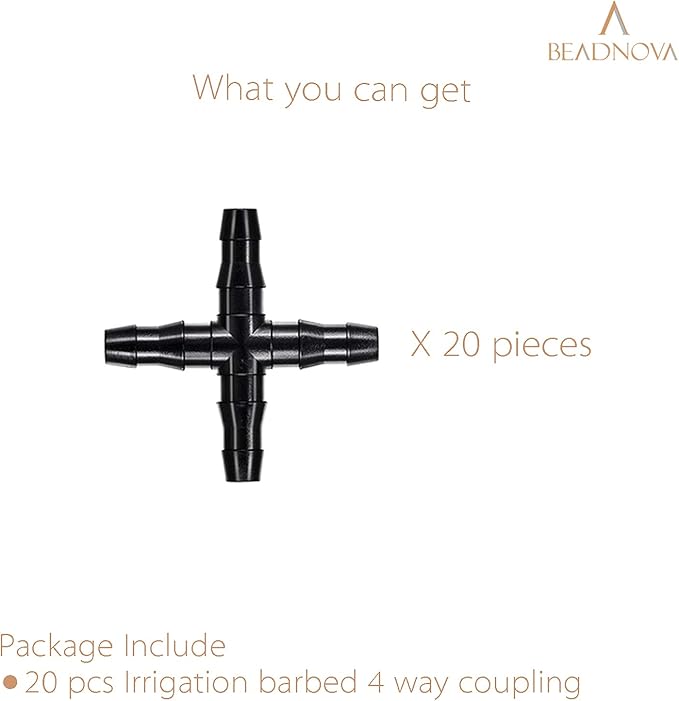 BEADNOVA Drip Irrigation Connectors 20 Pcs 1/4 Inch Barbed Connector 4 Way Couplings Irrigation Connectors for 1/4 Inch Drip Tubing Water Tubing Gardening Irrigation Supplies (20pcs)