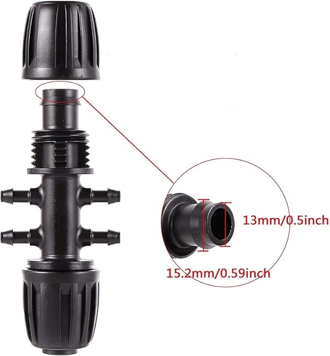 Drip Irrigation Fittings, (.520" ID x .650" OD) 1/2" to 1/4" Irrigation Parts Barbed Reducer Tee,Lock Reduced 6 Way T Connectors - 10 Pack