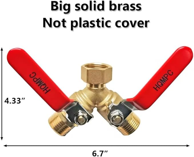 HQMPC Garden Hose Y Valve Hose Splitter Brass Hose Splitter With Stainless Steel Long Handle Brass Y Valve Water Garden Hose Adapter 2 Way Y Valve 3/4" GHT Thread