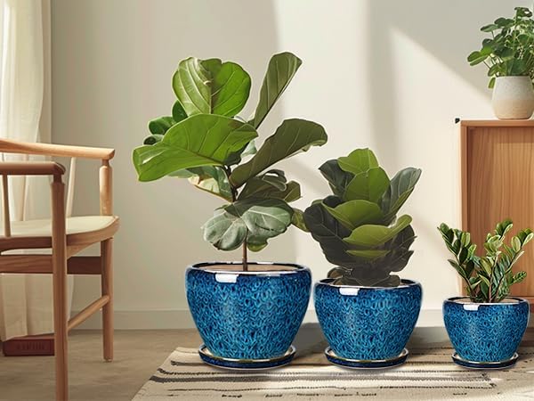 Ceramic Plant Pots Indoor, 10 Inch 8 Inch 6 Inch Round Planters Pots for Indoor Outdoor Plants, Modern Large Flower Pots with Drainage Holes and Saucers, Set of 3, Blue