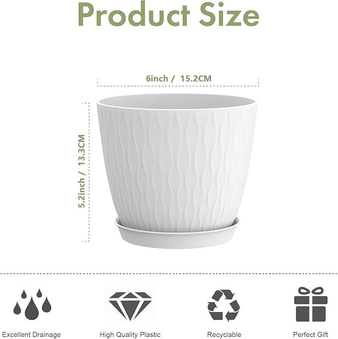 6 inch Plant pots, 12 Pack Modern Plastic Planters with Drainage Holes and Saucers for Repotting Indoor Plants and Flowers, White
