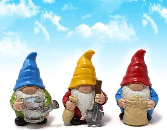 Set of 3 Mini Garden Gnome Statues - Resin Figurines for Indoor and Outdoor Decoration - Whimsical Mini Ornaments for Home, Patio, Yard, and Garden Decor