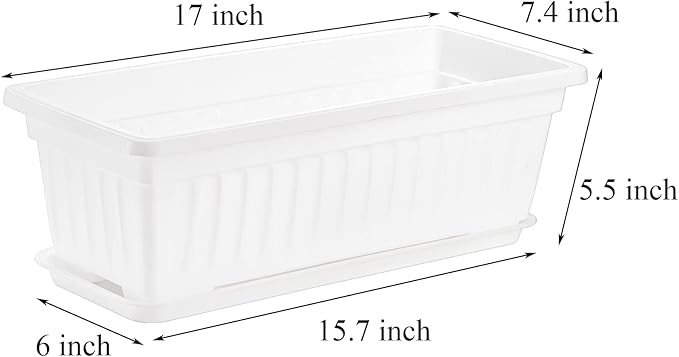 Fasmov 7 Pack 17 Inches White Flower Window Box Plastic Vegetable Planters with Trays Vegetables Growing Container Garden Flower Plant Pot for Balcony, Window Sill, Patio, Garden, White