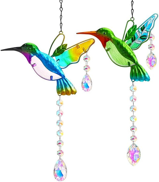 YU FENG 2PCS Hummingbird Suncatchers,Stained Glass Window Hanging Ornament,Rainbow Maker Crystal Prism Suncatcher Outdoor Indoor Home Garden Party Decoration