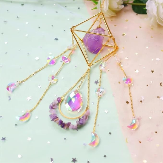 Suncatcher Amethyst Crystal Boho Decor, Spiritual, Purple Gemstone Sun Catcher Hanging for Windows, Rainbow Maker, Crystal Boho Hanging, Natural Stone (Amethsyt)