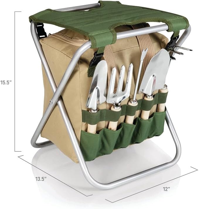 PICNIC TIME Disney Mickey Mouse Gardener 5 Piece Gardening Tools Set with Garden Stool, Gardening Gifts, Garden Tool Set, (Olive Green with Beige Accents)