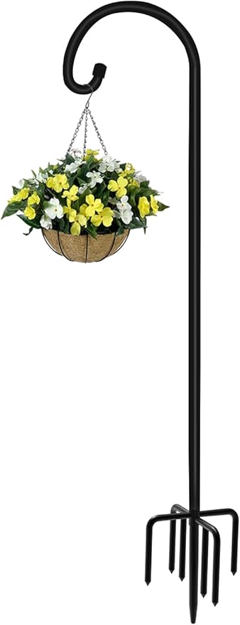 76 inch Outdoor Shepherd Hook with 7 Prong Base (1 Pack), Adjustable Heavy Duty Garden Hanging Stake for Bird Feeder Solar Light Plant Hanger Wedding Decor, Matte Black