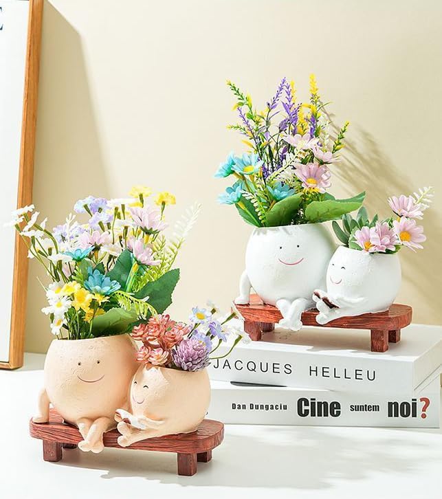 Cute Head Planter with Smiley Face, Double Pots in One, Novelty Plant Face Pot, for Indoor Outdoor Plants,Christmas, (Khaki)