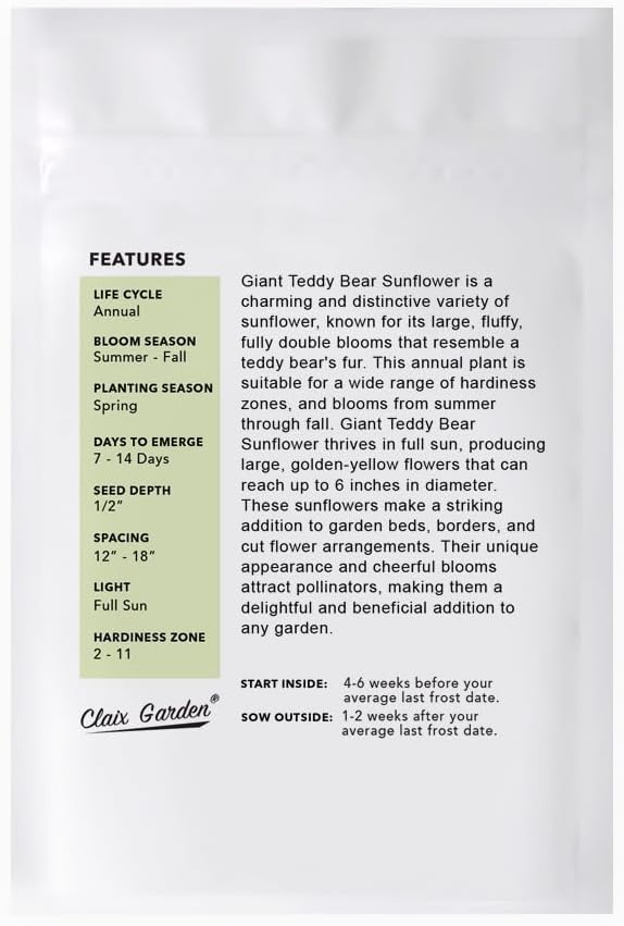Sunflower Seeds - Giant Teddy Bear - 50 Seeds - Heirloom, Non-GMO, USA Grown, Excellent for Pollinators, Annual, Deer Resistant - Sunflower Seeds for Any Home Garden