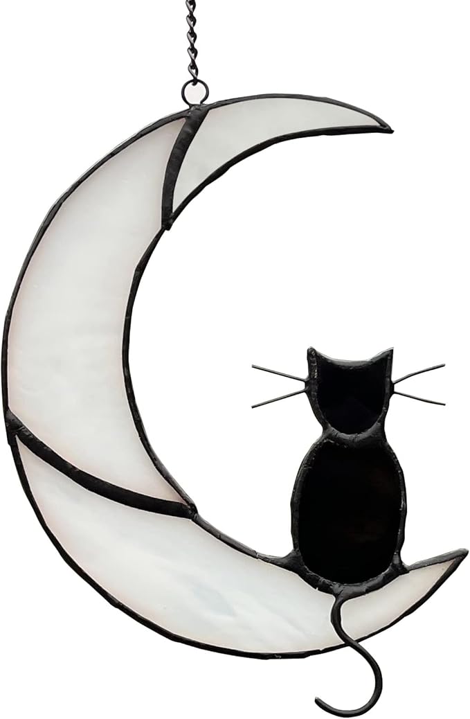 Black Cat Decor On White Moon Stained Glass Window Hanging Suncatcher for Windows Panels Sun Catcher Halloween Ornament Decoration Memorial Gift Cat for Lover Cat Loss