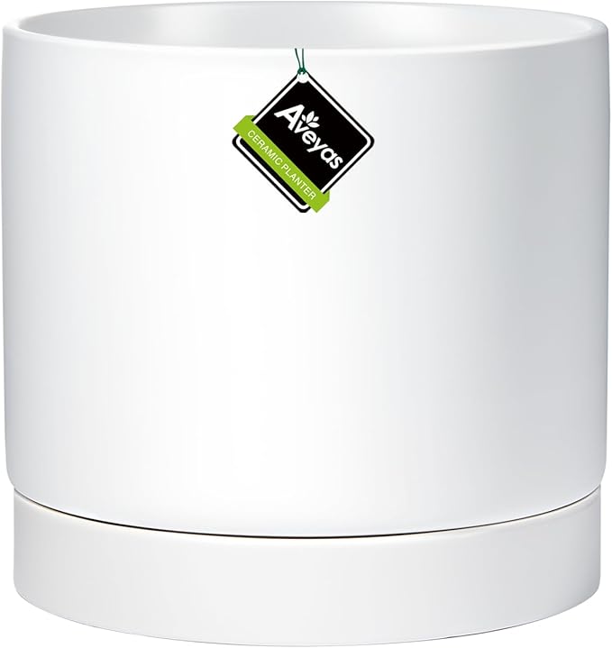 Aveyas 10 inch Ceramic Plant Pot with Drainage Hole and Saucer - Suitable for Indoor and Outdoor Use, Modern Planters for House Garden Flower Tree Snake Monstera Plants (10", Matte White)