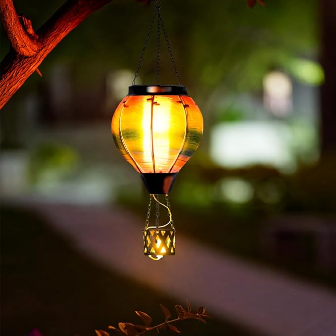 Starsoul 2 PC Solar Hot Air Balloon Lantern with Flame Multi-Color Hot Air Balloon Lantern with Candle Holder Metal & Glass Hanging Garden Light Waterproof Outdoor Lantern Decor