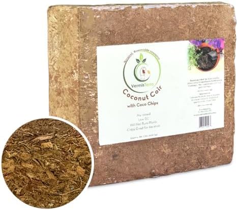 Coco Coir and Chips, Compressed Brick - Approx 9 LB (1.7 cu ft) - for Container Garden and Potting Mix, Coconut Coir with Chunky Chips for Aeration and Stability