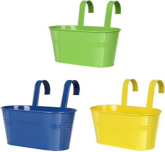 Metal Railing Planter for Outdoor Plants - 3 Pack Balcony Hanging Flower Pots with Detachable Hooks and Drain Holes Oval Bucket Rail Box Fence Planters for Home Garden Decor, Green Yellow Blue