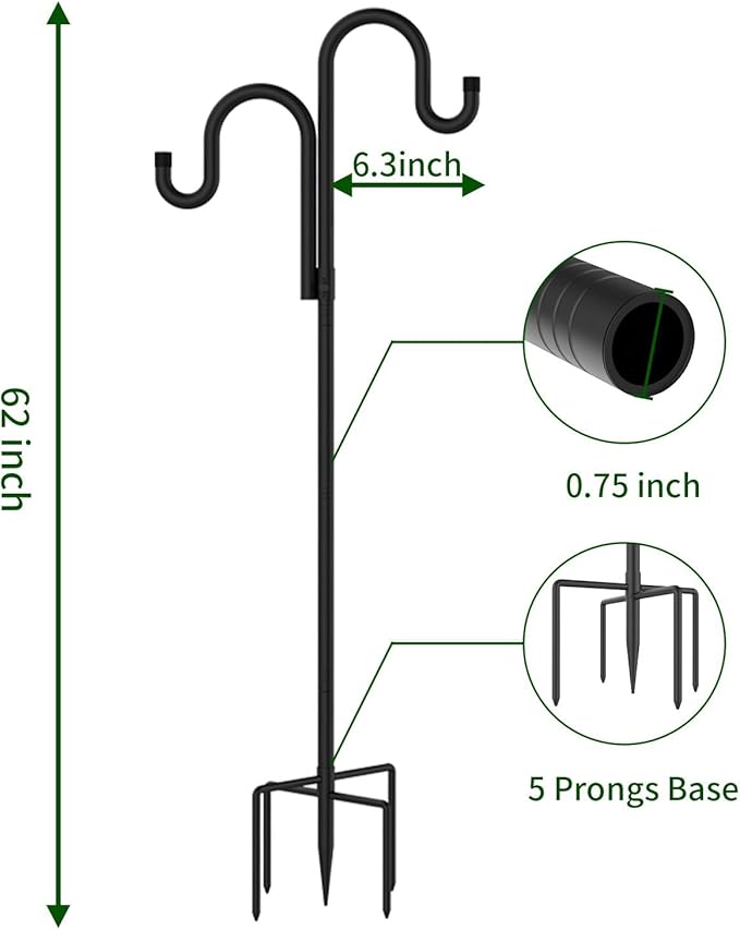 Double Shepherds Hooks for Outdoor, Bird Feeder Pole with 5 Prongs Base, Heavy Duty Garden Hook for Lantern, Wind Chime and Hummingbird Feeder, 62 Inch, 2 Pack