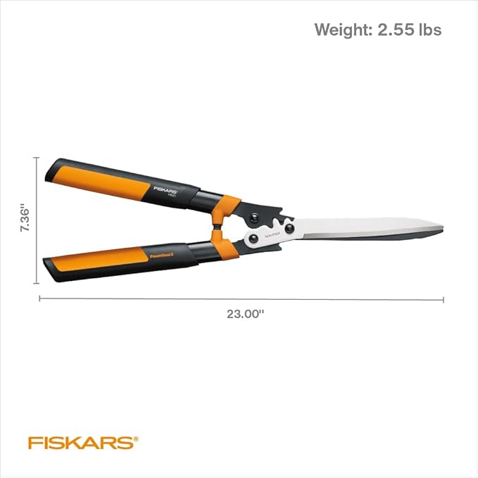 Fiskars 23-Inch Hedge Shears, Bush Trimmer with PowerGear2 Technology that Multiplies Power for Less Effort, SoftGrip Handles with Shock-Absorbing Bumpers