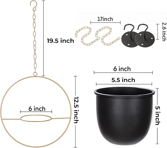 2 Pack Hanging Planters for Indoor Plants with 5.5" Pot + Ceiling Hook + Extender Chain | Hanging Plant Holder, Metal Minimalist Planter, NO Plant incld