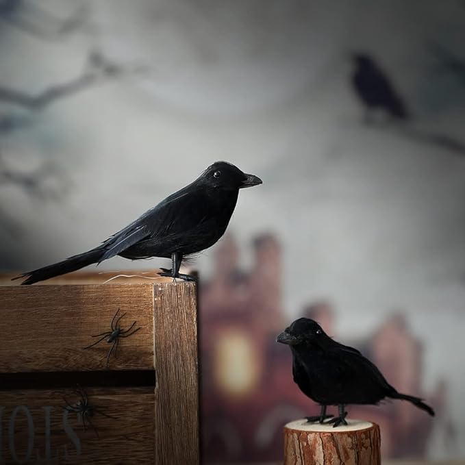 ZODIFEVI 6 Pack Realistic Crows, Real Touch Black Feathered Crows, Halloween Decorations,Artificial Handmade Feathered Raven, Halloween Party Decor Prop Outdoors and Indoors Decoration