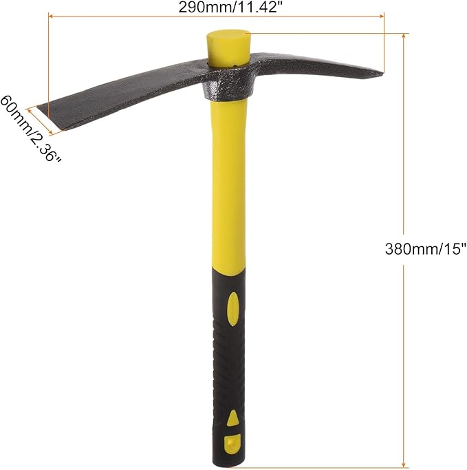 HARFINGTON Pick Mattock Hoe, 15 inch Steel Forged Weeding Garden Pick Axe with Yellow Fiberglass Handle Garden Pick Axe Hand Tool for Digging, Gardening, Camping, Planting