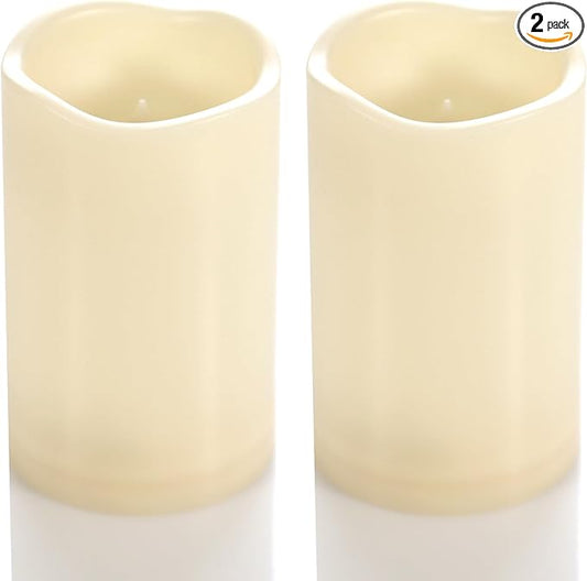 CANDLE CHOICE Waterproof Outdoor Battery Operated Flameless Candles with Timer Flickering Plastic Resin Electric LED Pillar Lights for Lantern Patio Garden Wedding Party Decorations 3x5 Inches 2 Pack