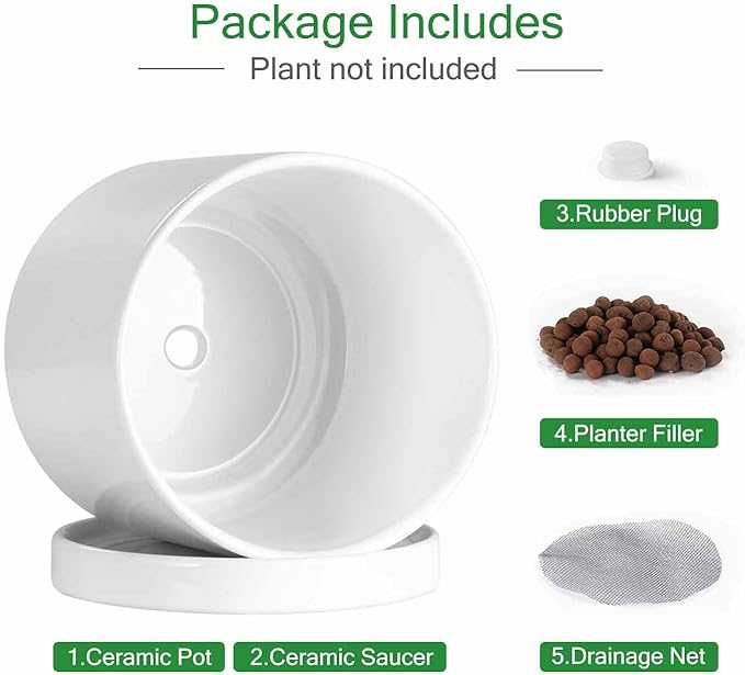 Aveyas 6 inch Ceramic Plant Pot with Drainage Hole and Saucer - Suitable for Indoor and Outdoor Use, Modern Planters for House Garden Orchid Flower Snake Monstera Plants (6", Glossy White)