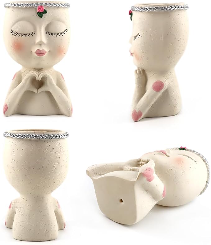 Meltset Face Planters Pots Head Unique Face Flower Pot Head Planter for Indoor Plants Cute Small Succulent Pots Indoor Plant Pot with Drainage (White)