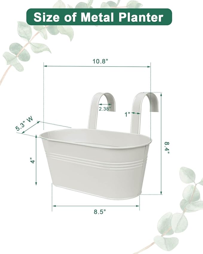 vensovo Metal Railing Planter for Outdoor Plants - 5 Pack Balcony Hanging Flower Pots with Detachable Hooks and Drain Holes Oval Bucket Rail Box Fence Planters for Home Garden Decor, White