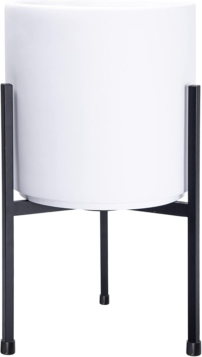 D'vine Dev Modern White Plants Pot Cylinder Planter with Heavy Duty Stand, Small 8 Inch Pot, 15 Inch with Stand Height, 96-T-A-1