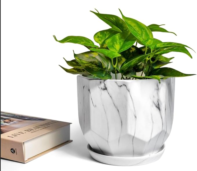 Large 7 Inch Marble White Plant Pots Planters with Saucer Tray, Mesh Pad, Drainage Hole and Stopper, Hand Glazed Flower Pot, Garden Indoor Outdoor Planter, Modern Home Decor (Ceramic, White)