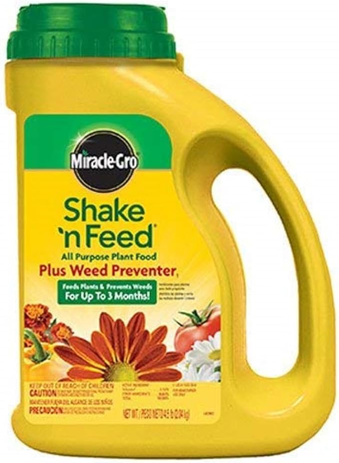 Miracle-Gro Shake 'N Feed All Purpose Plant Food Plus Weed Preventer1, Prevents Crabgrass, Common Chickweed and Common Purslane in Gardens, 4.5 lb.